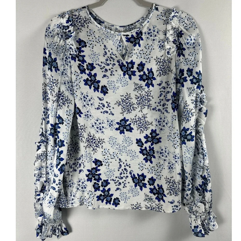 LOFT Blouse XS White Blue Floral Paisley Ruffle Long Sleeve Cottagecore Boho - Picture 2 of 8